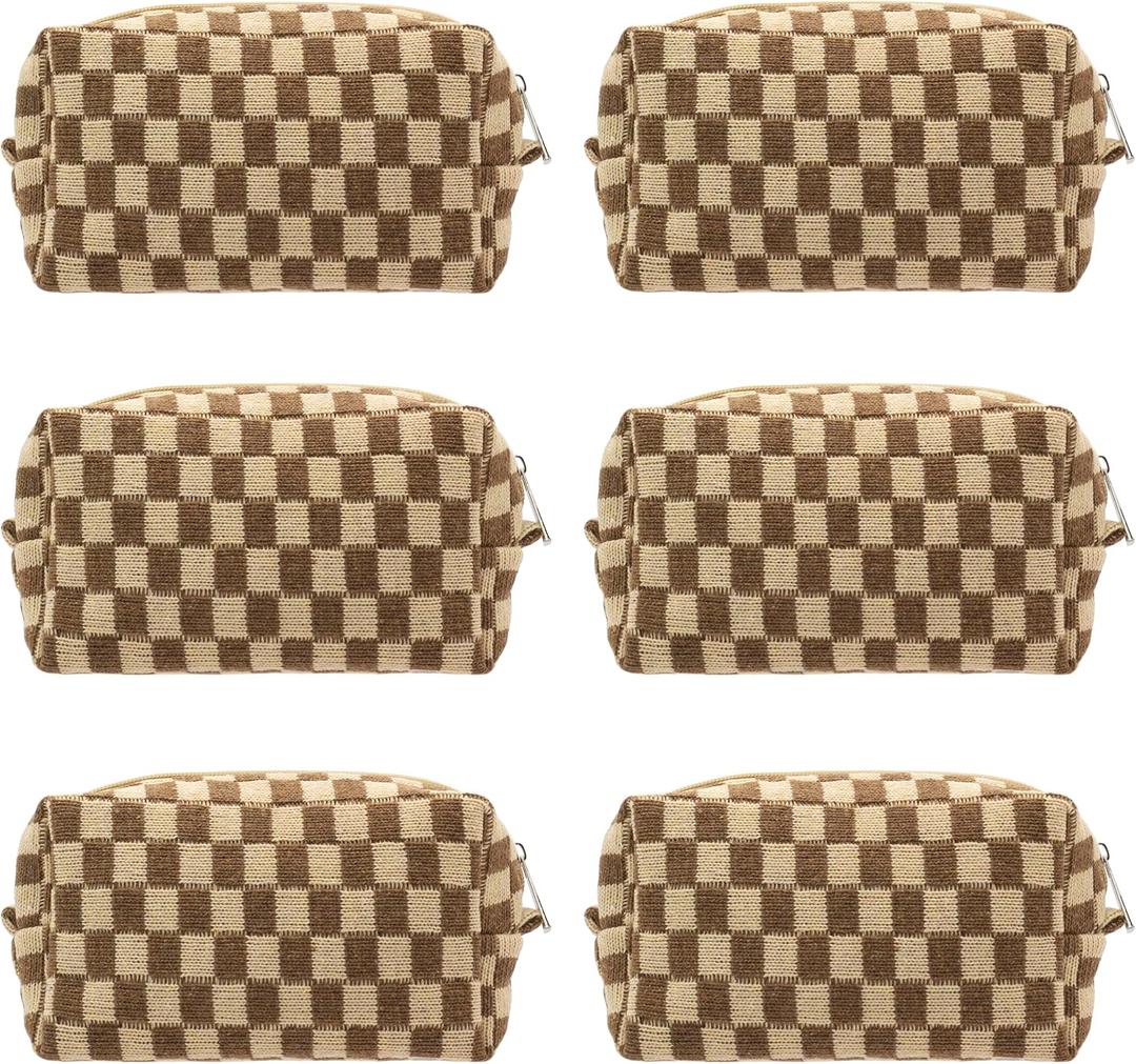 Pazimiik Checkered Makeup Bag for Purse Portable Zipper Make Up Pouch Small Cosmetic Case for Travel Accessories (6PCS Coffee)