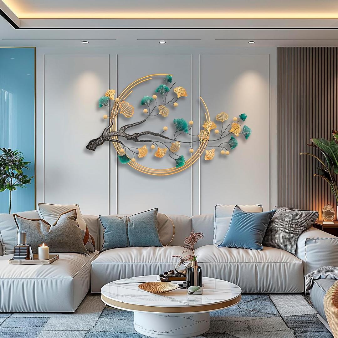 QXSXKJ 3D Metal Wall Art Decor for Living Room Large Modern Wall Sculptures Gold, 59'' Metal Wall-mounted Home Decoration, Creative Ginkgo Décor for Living Room Dining Room Bedroom (ginkgo leaf), 59"L x 32"W