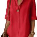 ETCYY NEW Summer Shirts for Women Button V Neck Blouses 2026 Short Sleeves Dressy Casual Tunic Tops (Red, XL)