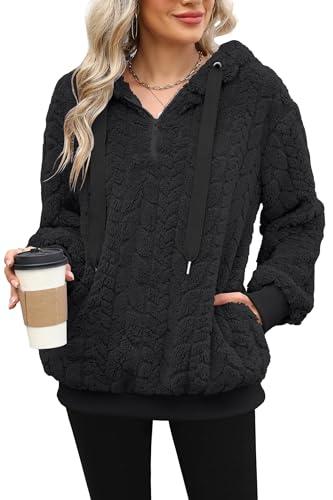 ReachMe Womens Sherpa Hoodie with Pockets Fuzzy Fleece Pullover Tops Oversized Sweatshirts Fluffy Sweater Coat(A1 Black,M)