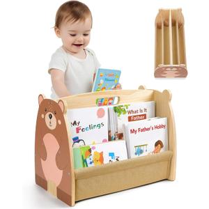 Toddler Bookshelf Double-Sided with 4 Tier Deep Sleeves Kids Wooden Montessori Book Rack for Baby Nursery Room, Playroom, Classroom or Bedroom Bookcase Storage Organizer, Brown Bear