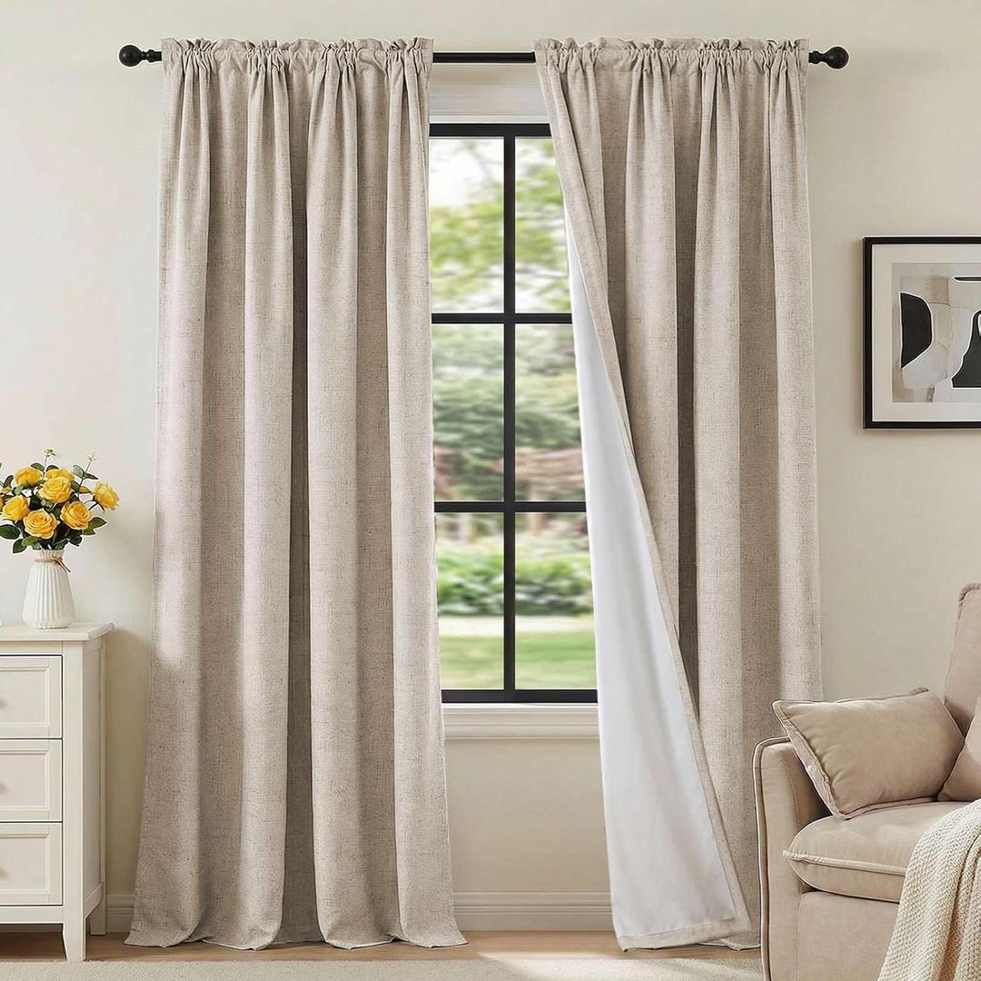 H.VERSAILTEX Linen Look 100% Blackout Curtains 84 Inches Long for Bedroom Full Light Blocking Rod Pocket Linen Textured Thick Window Curtain Drapes with White Backing, Natural, 2 Panels