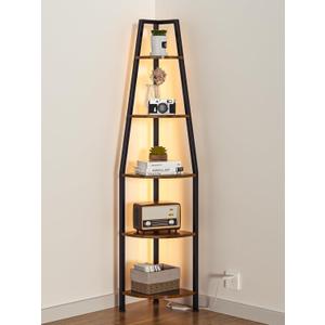 Furnulem 5 Tier Corner Shelf with LED Light, 67.2 Tall Standing Shelf for Wall Corner, Narrow Bookshelf Ladder Shelf for Bedroom, Living Room, Plant, Wood Storage Rack, Metal Frame (Rustic Brown)