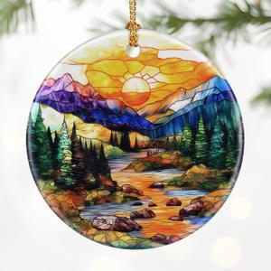 7 x Mountain Range Ornament  Christmas Decoration & Christmas Ornament; Round Ceramic (Holiday Present, Bauble Present, Gift Idea, and Gift Exchange) | Heirloom Keepsake