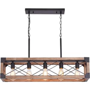 Farmhouse Kitchen Island Lighting, 5-Light Dining Room Light Fixture, Farmhouse Linear Chandelier with Solid Wood for Dining Room Kitchen Bar Pool Table