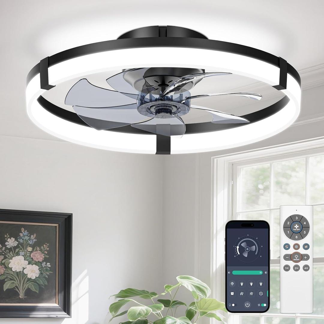 VOLISUN Low Profile Ceiling Fans with Lights and Remote, 19.7in Flush Mount Ceiling Fans with Light, 3000K-6500K Dimmable Fandelier Ceiling Fan, Bladeless Ceiling Fan for Bedroom(Black) (Y106-BK)