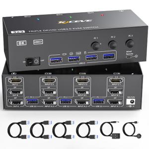 KVM Switch 3 Monitors 3 Computers 8K@60Hz 4K@144Hz, HDMI Displayport Triple Monitor KVM Switches for 3 PC Share 3 Monitor and 4 USB 3.0 Devices, Wired Remote, Power Adapter and USB3.0 Cables Included