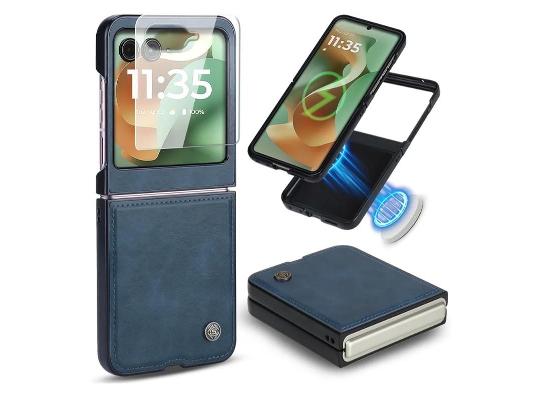 ASAPDOS Leather Folio Magnetic Case for Motorola Razr 2024/2025[Not fit Ultra or Plus][Compatible with MagSafe],Built-in Screen Protector and PU Leather Thin Slim Protective Case Cover Blue