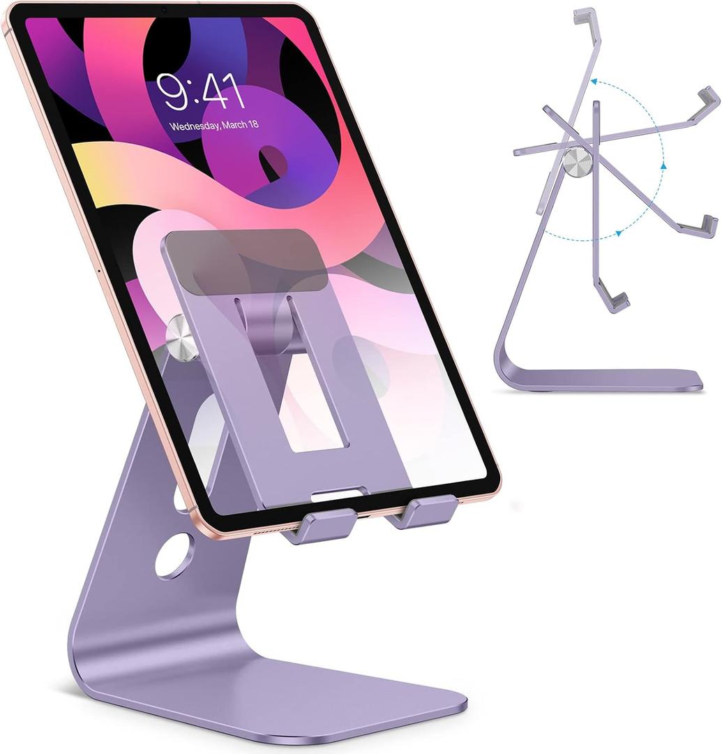 OMOTON Adjustable Tablet Stand for Desk, Upgraded Longer Arms for Greater Stability, T2 Tablet Holder with Hollow Design for Bigger Sized Phones and Tablets Such as iPad Pro/Air/Mini, Purple