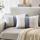 Soft Cotton Boho Lumbar Throw Pillow Covers Set of 2, Natural White/Contrast Blue 12x20 Inch, Blue Farmhouse Decorative Cushion Covers for Sofa Bed Living Room Home Decor