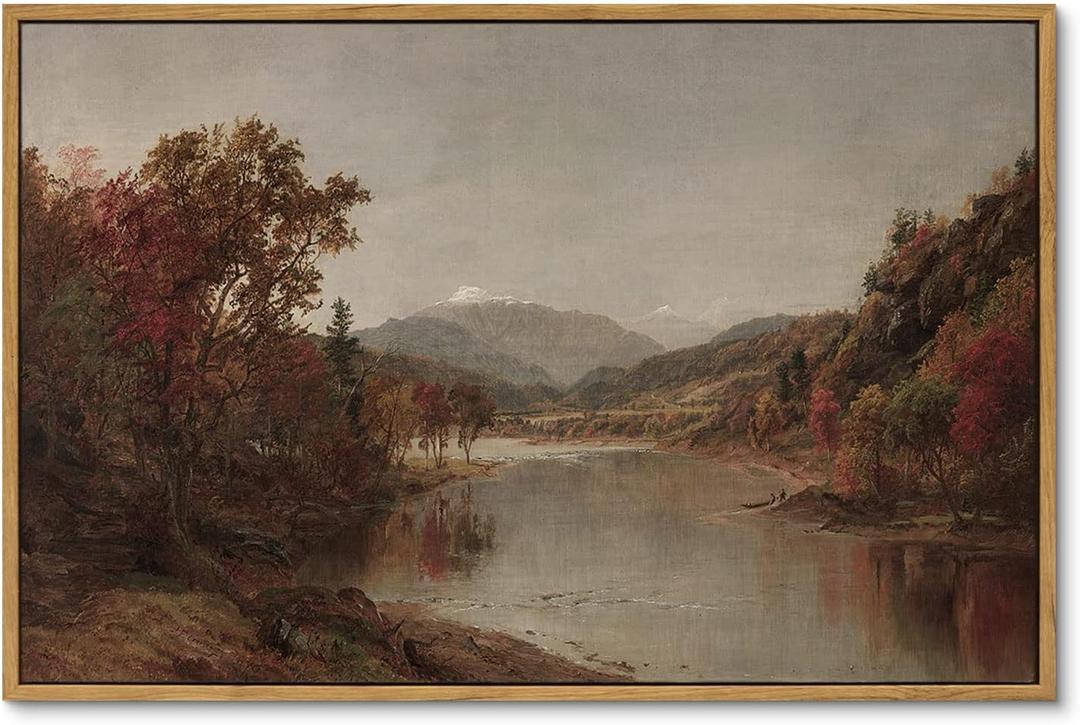 ARPEOTCY Vintage Framed Canvas Wall Art, Fall Landscape Scenery Wall Decor for Living Room, 16x24 inch, Rustic Farmhouse Aesthetic Painting for Bedroom, Large Framed Art Prints, for Office (24L" x 16W", River Mountain)