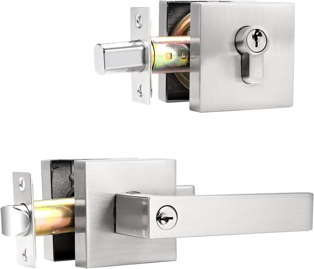 Probrico Square Entrance Lever with Double Cylinder Deadbolt Set Keyed Alike Combo Pack(for Office and Front Door), Heavy Duty Satin Nickel Entry Door Lockset for Right and Left Side, 1 Pack