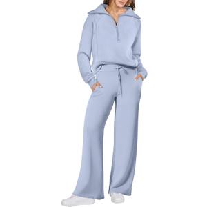 ANRABESS Women 2 Piece Outfits 2025 Fall Fashion Airport Wide Leg Pants Lounge Set Leisure Travel Vacation Clothes Sweatsuits (X-Large, Sky Blue)