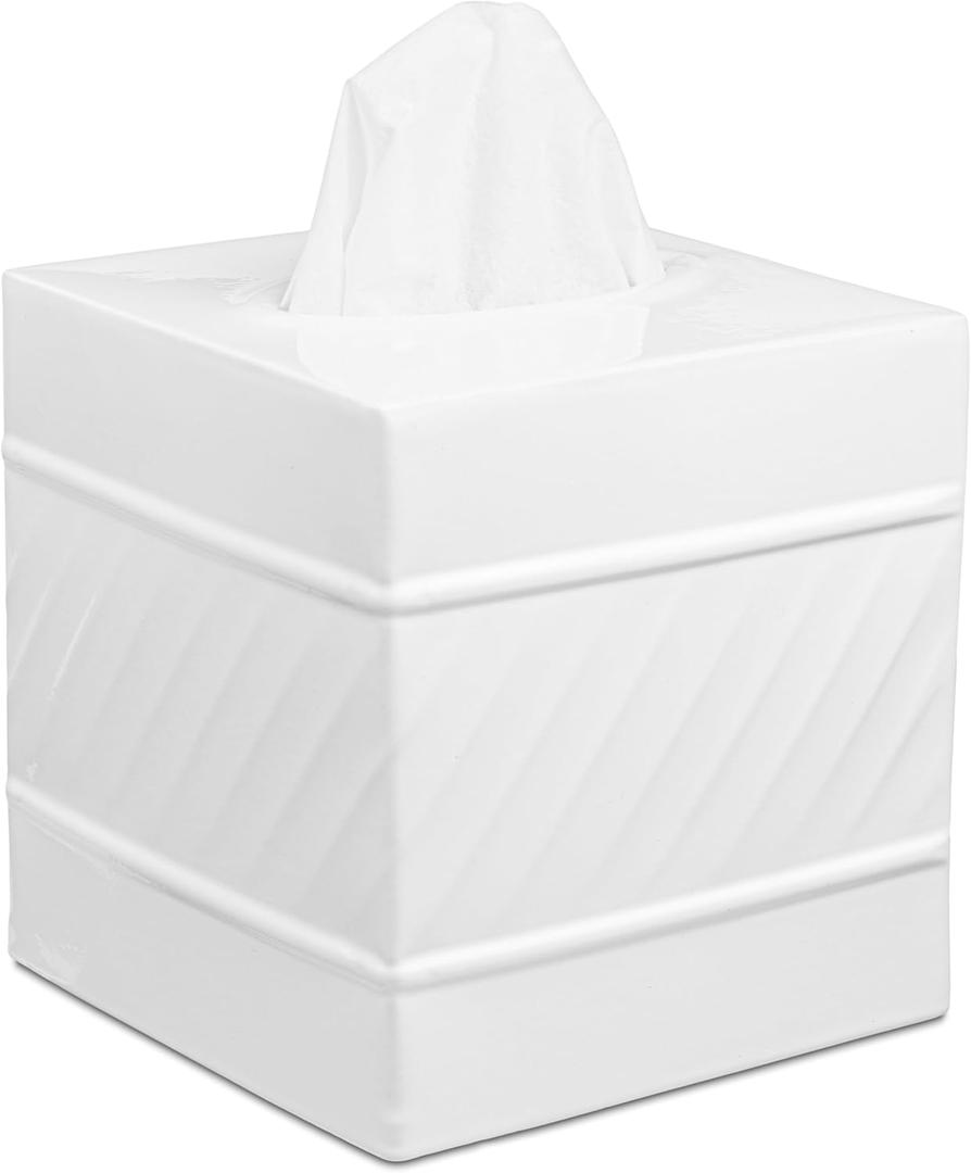 Monarch Abode Handcrafted Wave Embossed Tissue Box Cover Square, White Tissue Holder for Bathroom, Square Metal Dresser Accessories, Decorative Tissue Box Holder, Classic White Tissue Cover