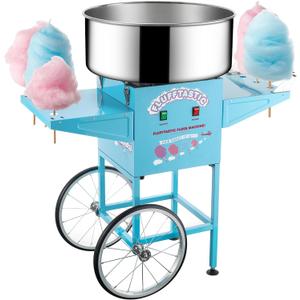 Cotton Candy Machine With Cart 1000W Flufftastic Floss Maker With Stainless-Steel Pan, Side Trays, And 13in Wheels By Great Northern Popcorn (Blue)