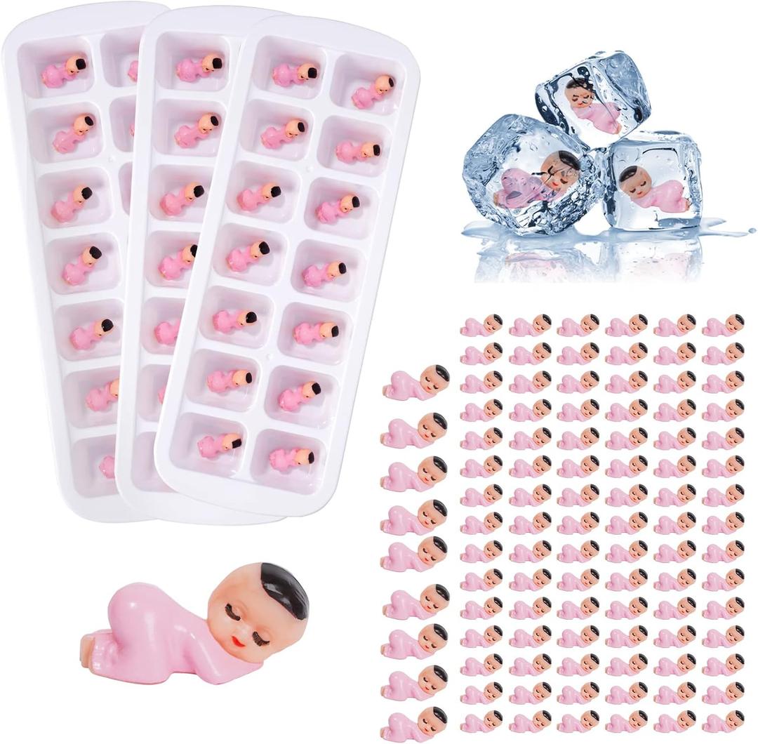 My Water Broke Baby Shower Game with 100 Mini Plastic Babies, 3 Ice Cube Trays, for Party Decorations Baby Shower Games (Pink)