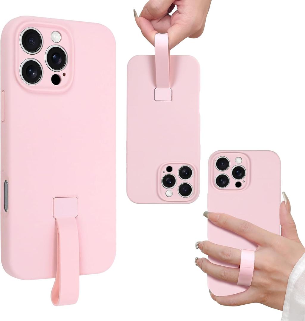 SOKAD for iPhone 16 Pro Max Case with Finger Strap, Slim Liquid Silicone Rubber 3 Layers Phone Case with Finger Grip for Women Men, Full Camera Protection Shockproof Case Cover, Pink