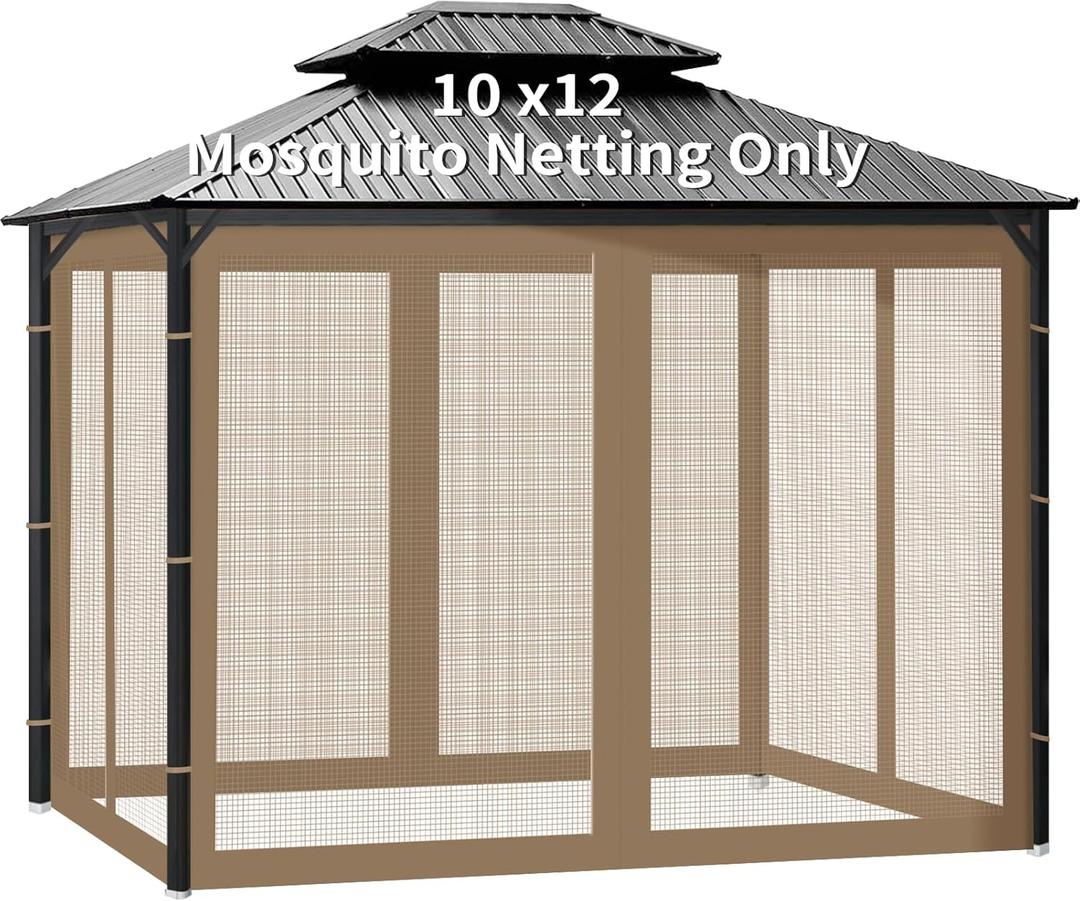 Gazebo Universal Replacement Mosquito Netting, 10' x 12' Outdoor Canopy Net Screen 4-Panel Sidewall Gazebo Curtains, with Zippers, Easy to Install, Fit for Most Gazebos 10x10 CanopyPatioKhaki