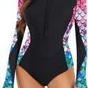 Women One Piece Long Sleeve Rash Guard UV Protection Surfing Swimsuit Swimwear Bathing Suit (Small, Mermaid Floral Print)