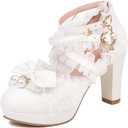 FOREADA Kawii Shoes Bow Pearl Heels Lolita Platform Heels for Women Lace Cute Mary Janes Pumps (White, 6)