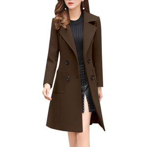 chouyatou Women Elegant Notched Collar Double Breasted Wool Blend Over Coat (Small, Coffee)