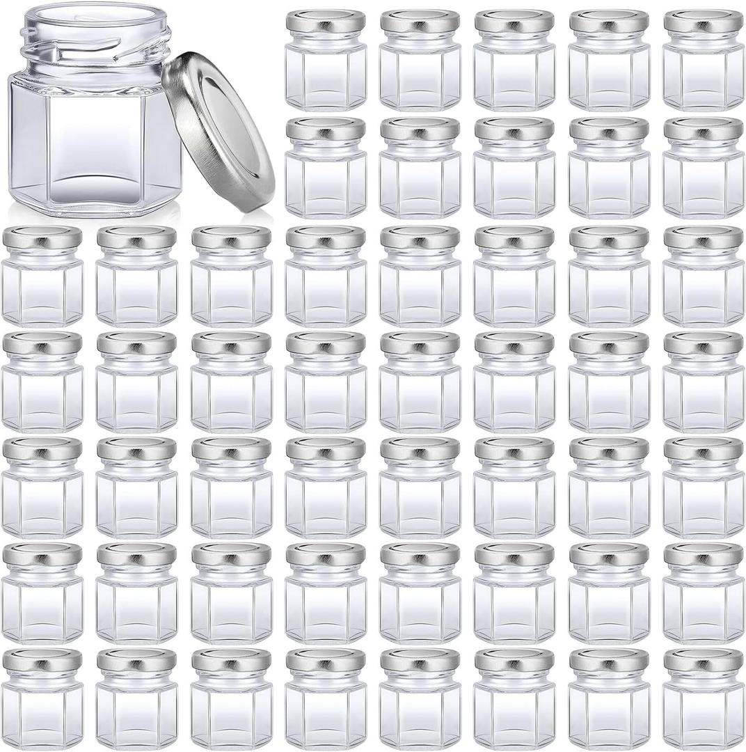 Nuogo 100 Pack 1.5oz Mini Hexagon Glass Jars Bulk for Wedding Small Honey Jars with Lids for Spice Canning Mason Gifts Candy Honey Wedding Party Favors DIY Crafts (Silver)