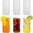 megarte Ribbed Glassware Vintage Drinking Glasses - 13 Oz Glassware Set of 6 Highball Origami Style Fluted Vertical Stripes Tumblers Juice Drinking Cups Dishwasher Safe