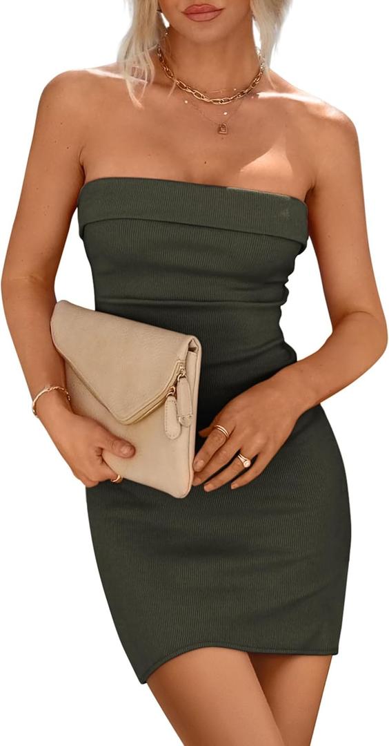 PRETTYGARDEN Womens Strapless Bodycon Short Dress | Soft Ribbed Knit, Fitted off Shoulder Tube Mini Dresses, Elegant Night Out Party Outfits, Summer Beach Trendy Clothes (Black, XL)