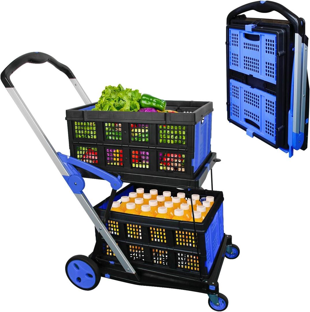 Shopping Cart with 2 Storage Crates, Multi Use Two Tier Collapsible Cart with 360 Rolling Swivel Wheels Heavy Duty Folding Trolley for Shopping, Picnic and Office