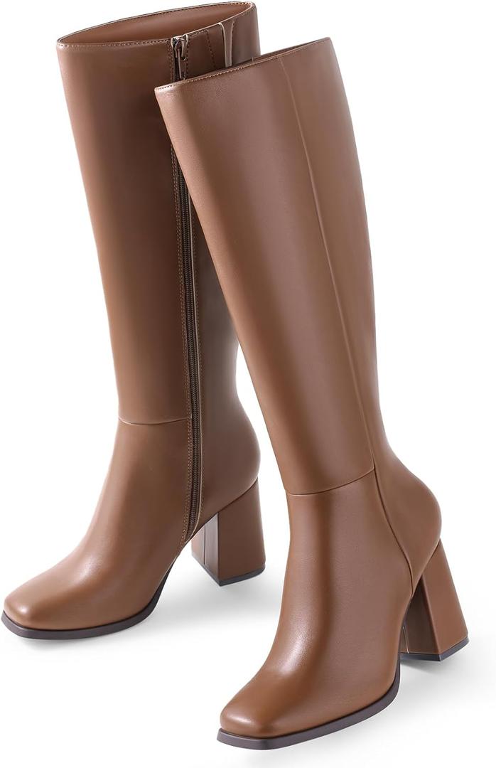 Ankis Knee High Boots for Women Squared Toe Chunky High Heel with Side Zipper Long Boots (8, Brown Pu)