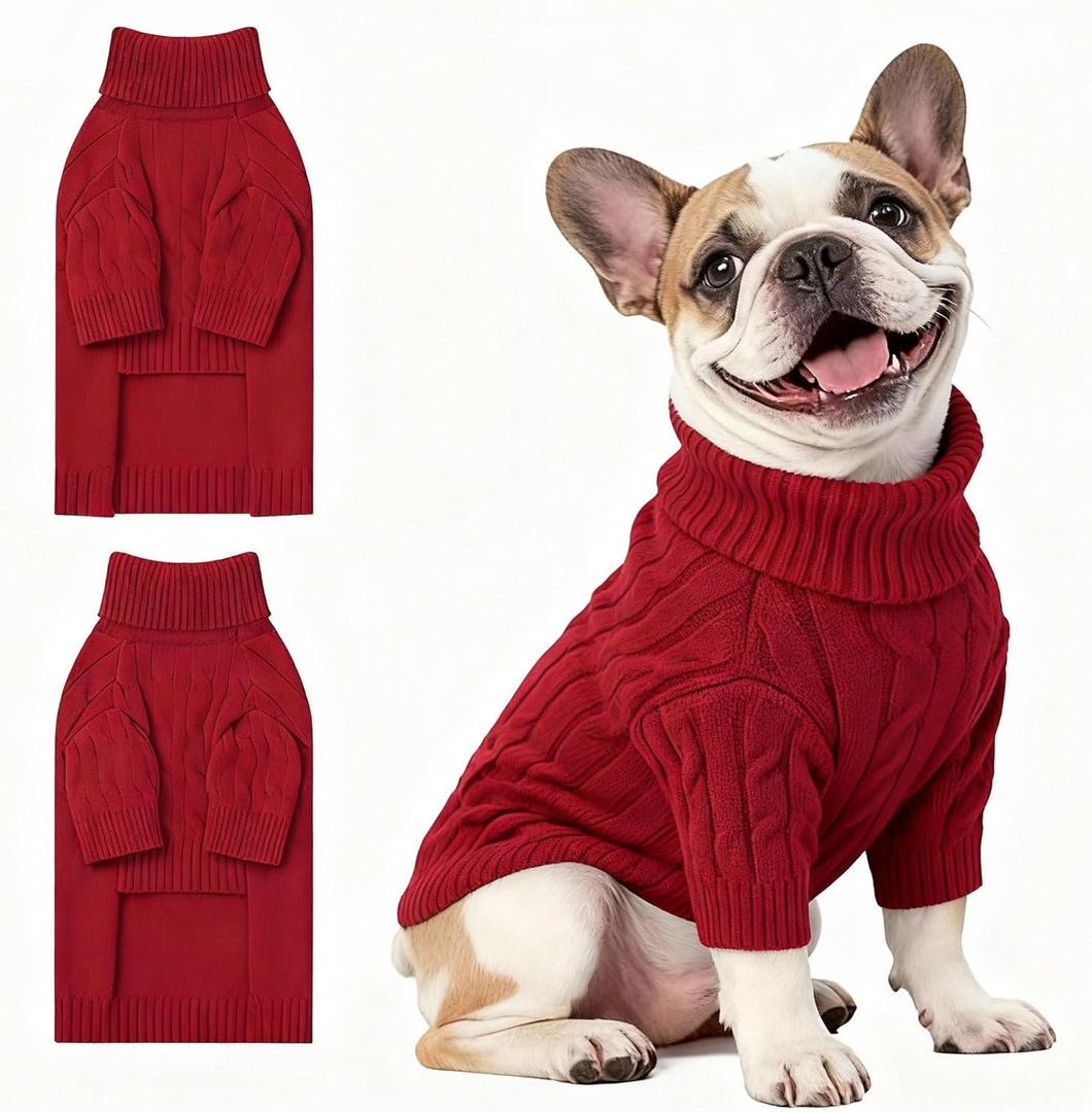 Small Dog Thermal Pullover Sweater, Classic Turtleneck Cable Knitwear Dog Clothes for Cold Weather Warm Pet Clothes for Chihuahua, Bulldog, Dachshund, Pug Red Large 