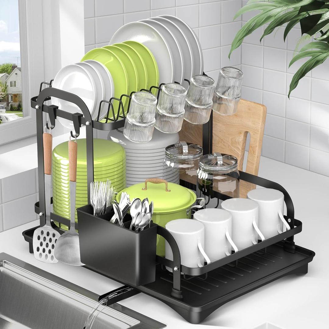 Large Dish Drying Rack for Kitchen Counter, 2 Tiers Dish Drainer Organizer with Utensil Holder/Hooks and Drainboard, Stainless Steel Kitchen Organizers and Storage for Dishes, Bowls, Cutlery (Blk02)