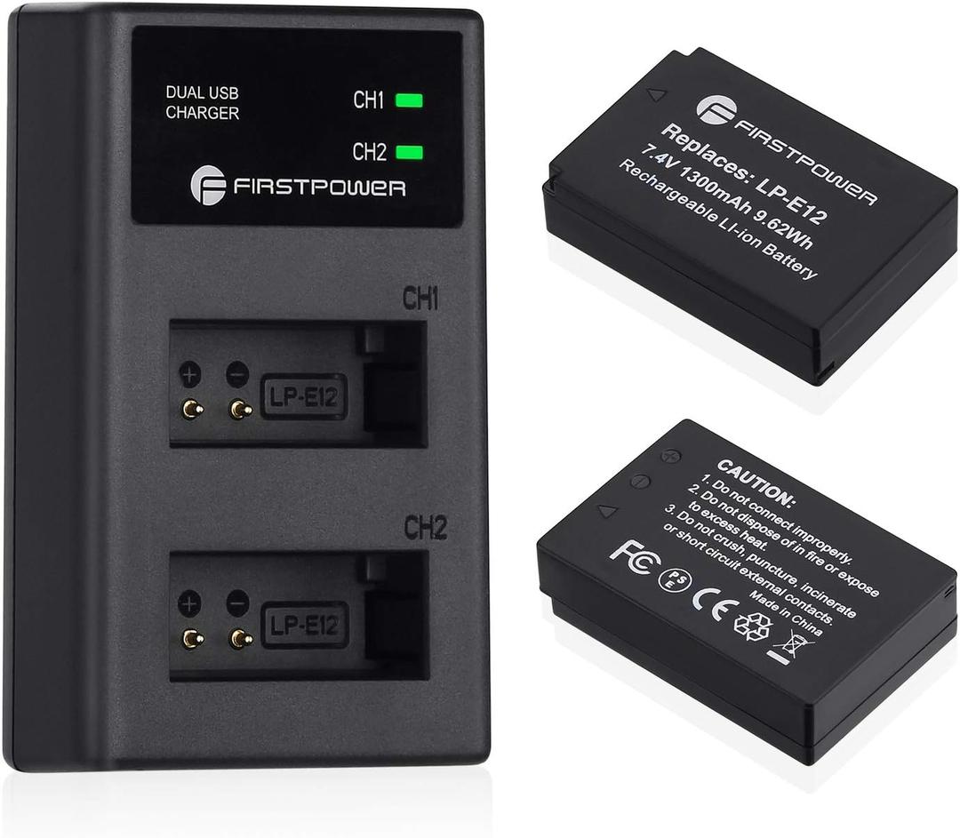 FirstPower 2-Pack LP-E12 Battery and Dual USB Charger for Canon EOS M, EOS M2, EOS M10, EOS M50, EOS M50 Mark II, EOS M100, EOS M200, Rebel SL1, PowerShot SX70 HS Digital Camera