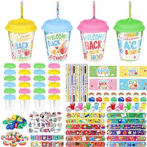 NatuBeau 24 Set Back to School Gifts for Students, First Day of School Gifts Pencil Grips Sharpeners Erasers Stickers Slap Bracelets Cups with Lids for Students Classroom Party Favors Supplies