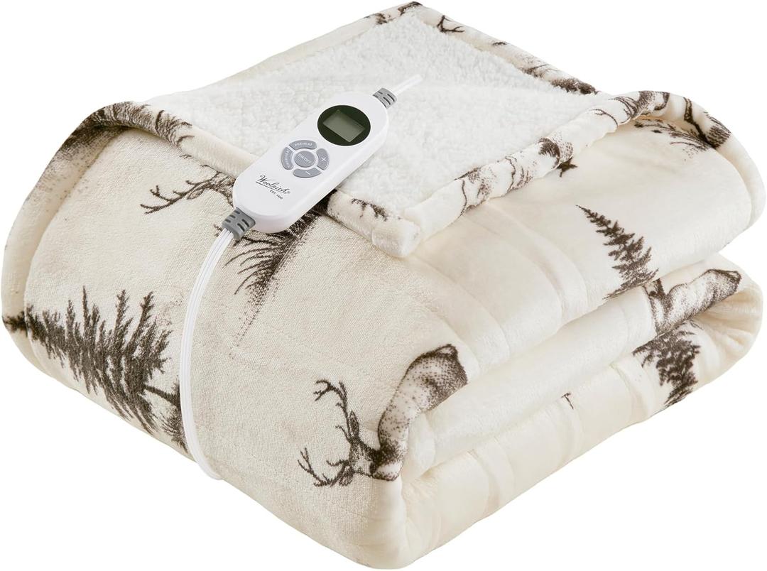 Woolrich Heated Throw Blanket with Ultra Soft Plush and Sherpa Reverse, 12 Heat Settings, Auto Shut-Off, Farmhouse & English Country Gift Throw  Deer Toile Pattern, 50"x60"