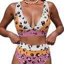 Hilinker Women's Leopard Bikini Swimsuits V Neck High Waisted 2 Piece Bathing Suits, XL