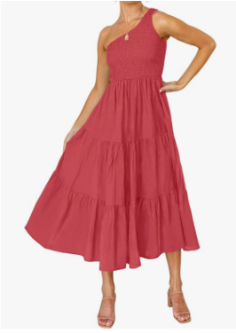 ZESICA Women's 2025 Bohemian Summer Floral Print One Shoulder Sleeveless Smocked Ruffle Tiered Beach Long Midi Dress, Pink XL