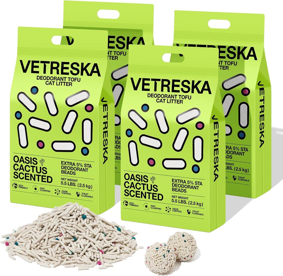 VETRESKA Tofu Cat Litter, Natural Strong Clumping Flushable Litter Pellets, Ultra Water Absorbent Deodorant Tofu Litter, Dust-Free Low Tracking Cat Litter, Cactus(5.5lb x 4bags)