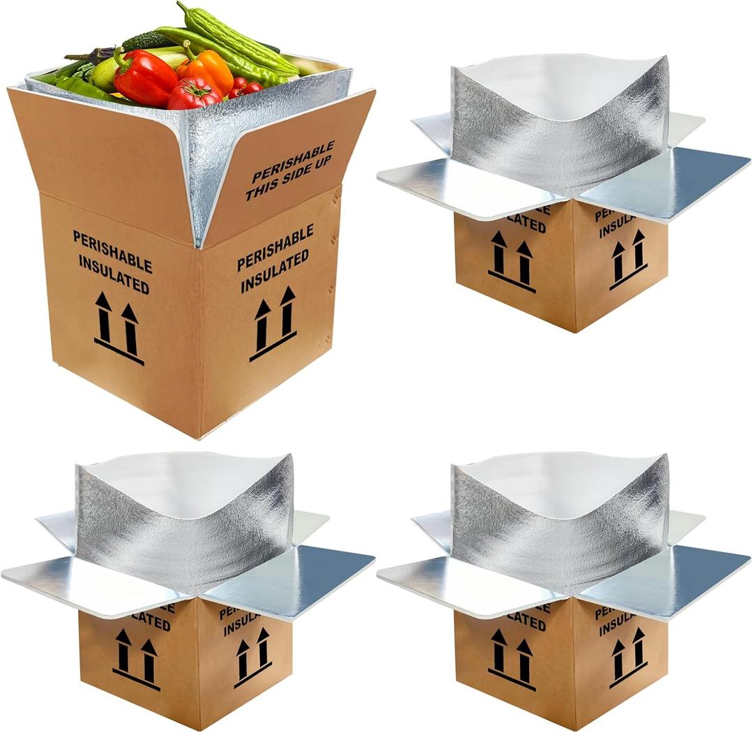 12" x 12" x 12" Insulated Shipping Boxes with Liner, 4-Pack Reusable Cooler Boxes with Foam Insulation Bags, Thermal Cold Mailing Boxes for Hot & Frozen Food, Shipping, Mailing, Packing
