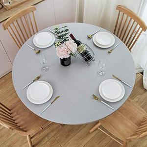 NLMUVW Round Tablecloth Vinyl with Elastic Edge Flannel Backing, Fitted PVC Table Cloth Waterproof Wipe Clean Table Cover for Picnic Party Outdoor, Light Grey, 40"- 44"