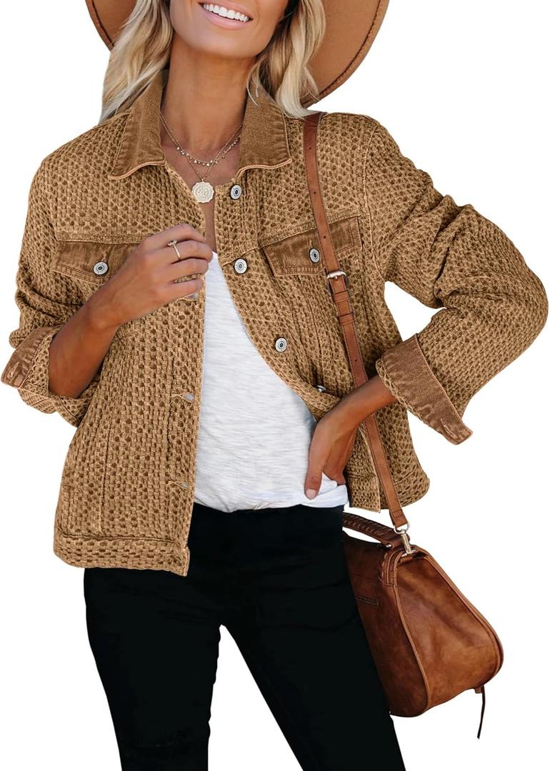luvamia Jean Jacket Women Trendy Texture Distressed Button Down Long Sleeves Casual Trucker Denim Jackets with Pockets (Medium, Pecan Brown)