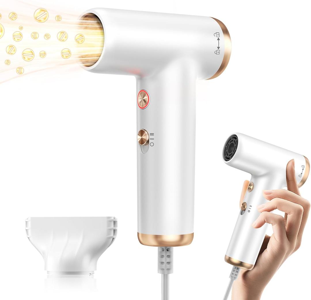 Mini Hair Dryer, 4-Temp High Speed Ionic Hair Dryer, 2-Speed Lightweight Portable Small Hair Dryers, 110,000 RPM Hair Blow Dryer Travel Blow Dryer with Self-Cleaning Styler & Advanced Protection (White)