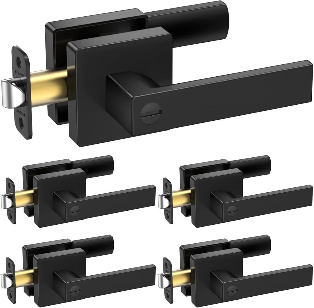 TICONN 5PK Matte Black Door Handles Interior, Reversible Square Door Levers Knob for Hallway, Bedroom, Bathroom (with Lock, 5PK Privacy)