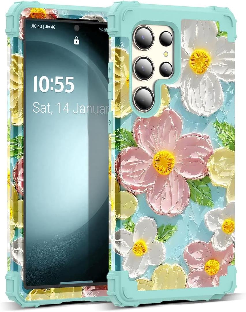 for Galaxy S23 Ultra Case,3 in 1 Oil Painting Flower Pattern Heavy Duty Shockproof Protection Silicone Rubber Bumper+Hard Plastic Protective Cover for Samsung S23 Ultra 6.8",Green Flower