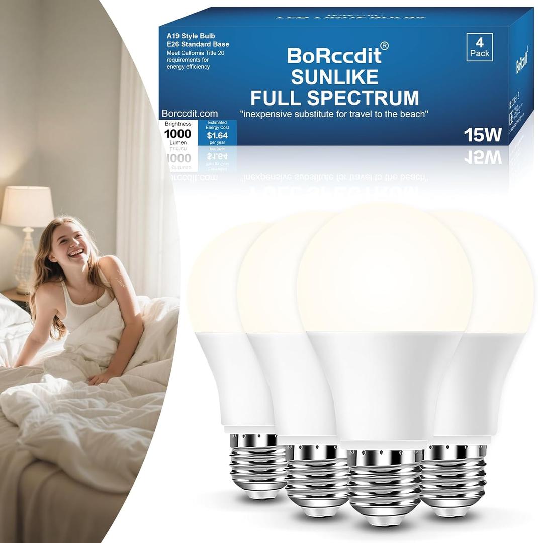 BoRccidt SunLike Full Spectrum Light Bulb LED 15W=100W, 5000K Daylight Flicker-Free & UV-Free, 90+CRI & 30000H Lifespan, 3-Pack A19 E26/E27 Natural Sunlight Light Bulbs for Humans, Home, Office, Plant