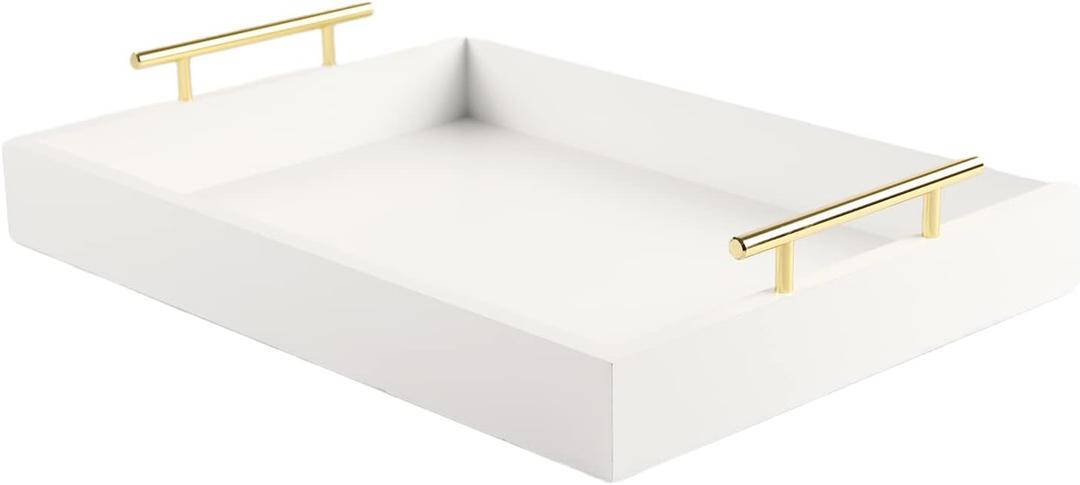 JJSQYLAN Wooden Serving Tray with Handles Rectangle Breakfast Tray for Coffee Table Decorative Ottoman Tray 16x 12 for All Occasion's (White)