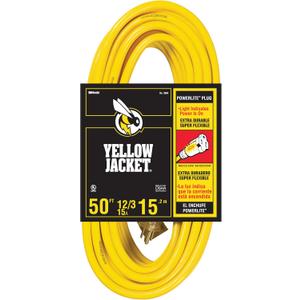 Yellow Jacket 2884 12/3 Heavy-Duty 15-Amp SJTW Contractor Extension Cord with Lighted Ends, Ideal for Heavy Duty Equipment and Tools, Durable Clear Molded Plugs, High Gloss Yellow Jacket, 50-Feet