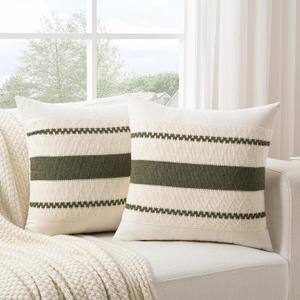 Fancy Homi Set of 2 Boho Olive Green Decorative Throw Pillow Cover 22x22 Inch for Couch Bed Sofa, Aesthetic Modern Organic Farmhouse Home Decor, Soft Cotton Cute Accent Macrame Woven Cushion Case (22" x 22" (Pack of 2))