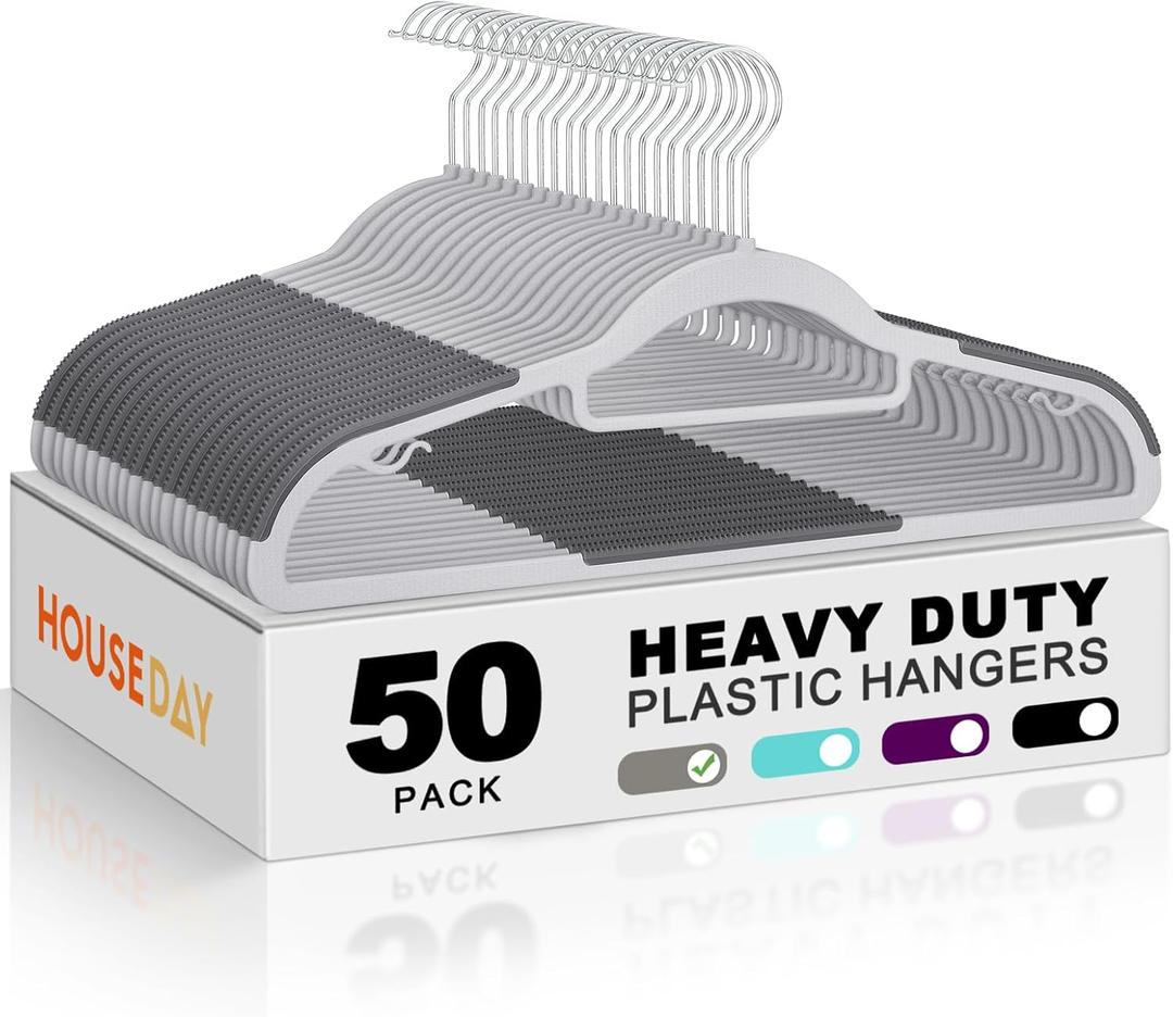 HOUSE DAY Plastic Hangers 50 Pack, Grey Plastic Clothes Hangers Non Slip with Rubber Grip, Heavy Duty Hanger with 360 Swivel Metal Hook, Ultra Thin Hangers Space Saving for Closet Organizer