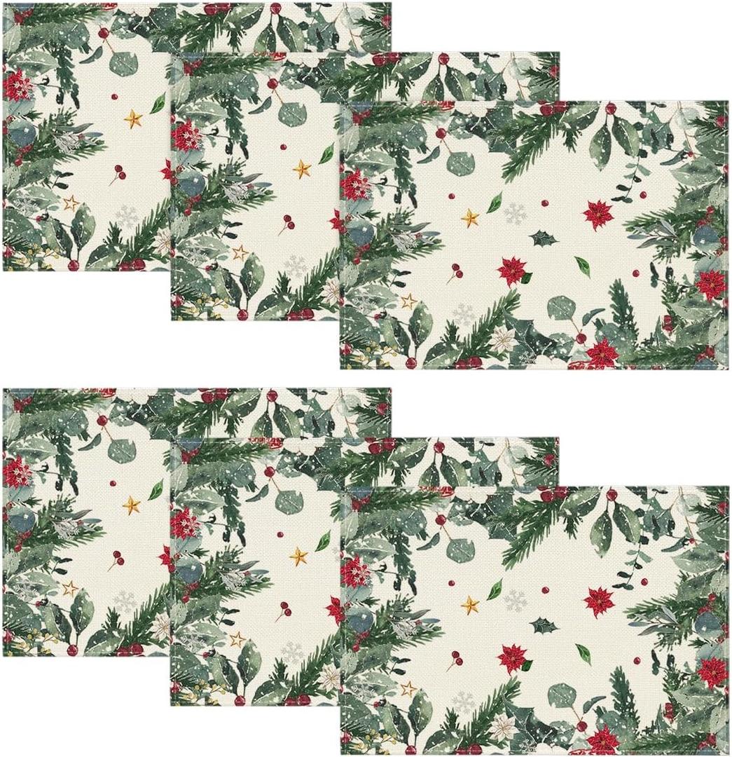 Artoid Mode Green Leaves Poinsettia Holly Christmas Placemats Set of 6, 12x18 Inch Seasonal Winter Table Mats for Party Kitchen Dining Decoration